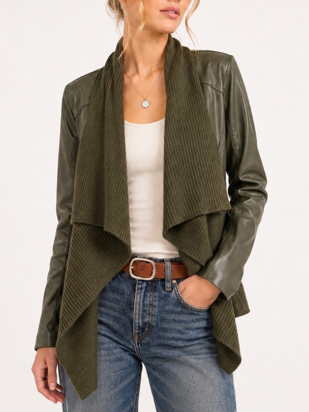 Elan Faux Leather & Ribbed Knit Waterfall Open Cardigan Olive Green Medium